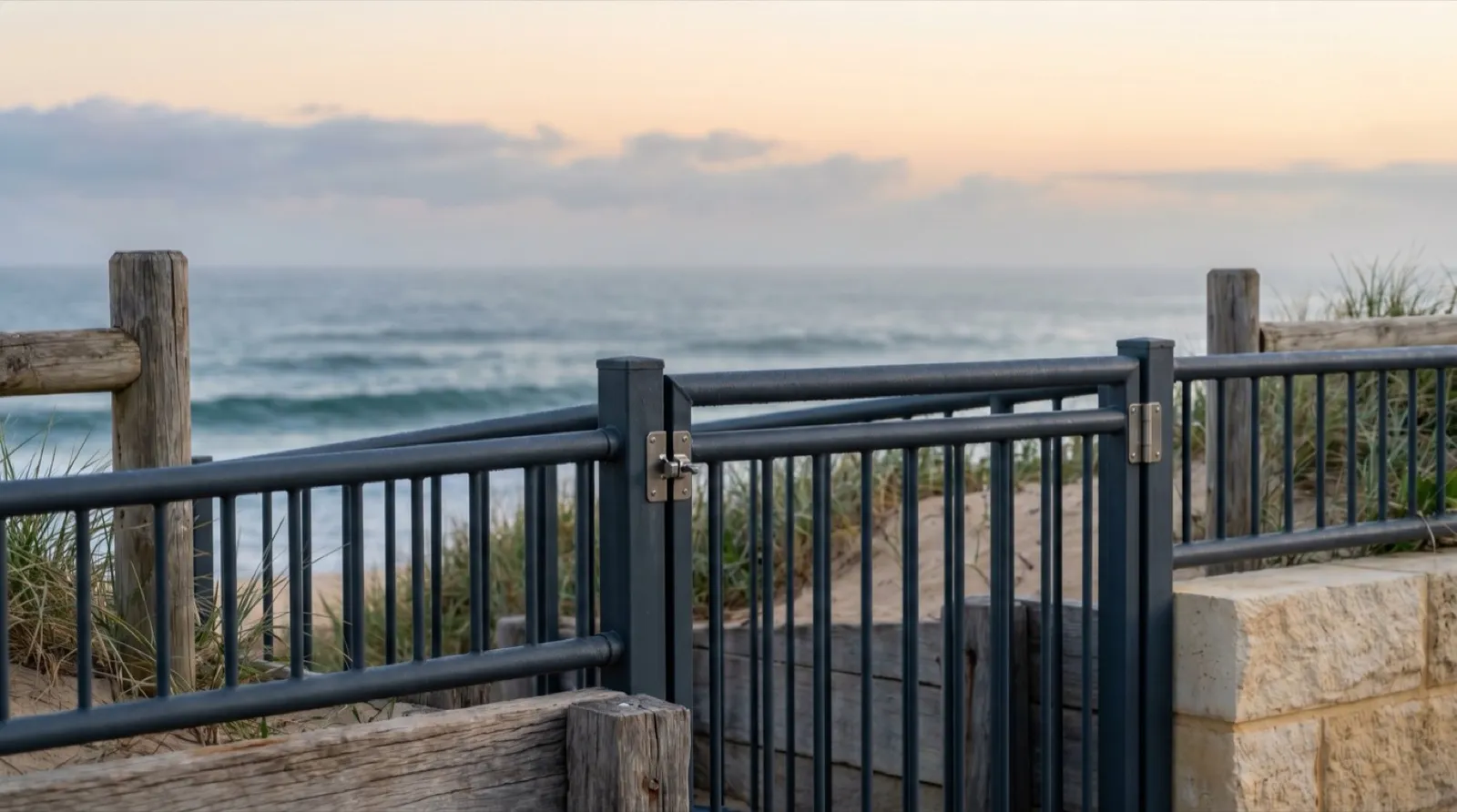 A powder-coated aluminium fence and gate at a beachside Newcastle home, the ocean behind and sandstone and salt-weathered timber alongside