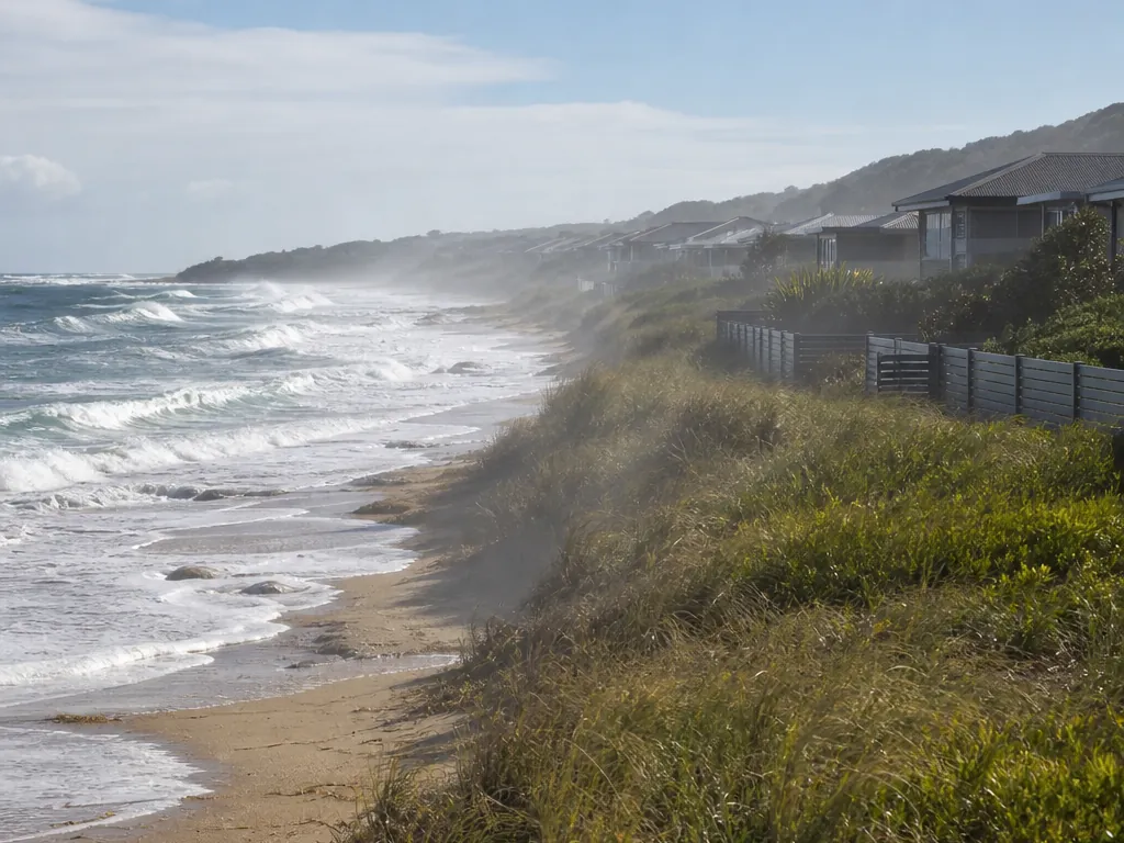 Rough surf breaking along a sandy beach, a fine salt haze drifting over low grassy dunes towards a row of single-storey houses behind grey slat fences, in bright morning light.