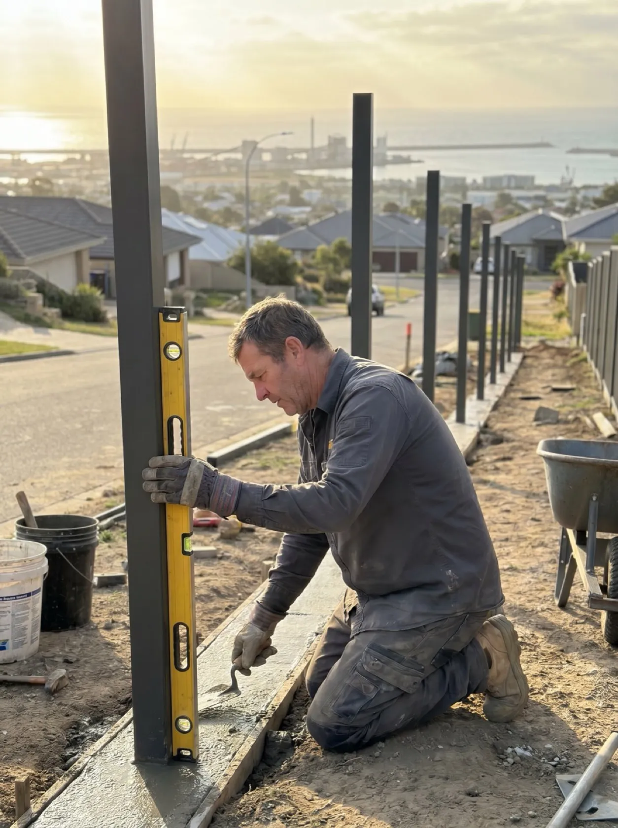 A fencer setting a steel post in wet concrete along a Newcastle boundary, the harbour in the distance