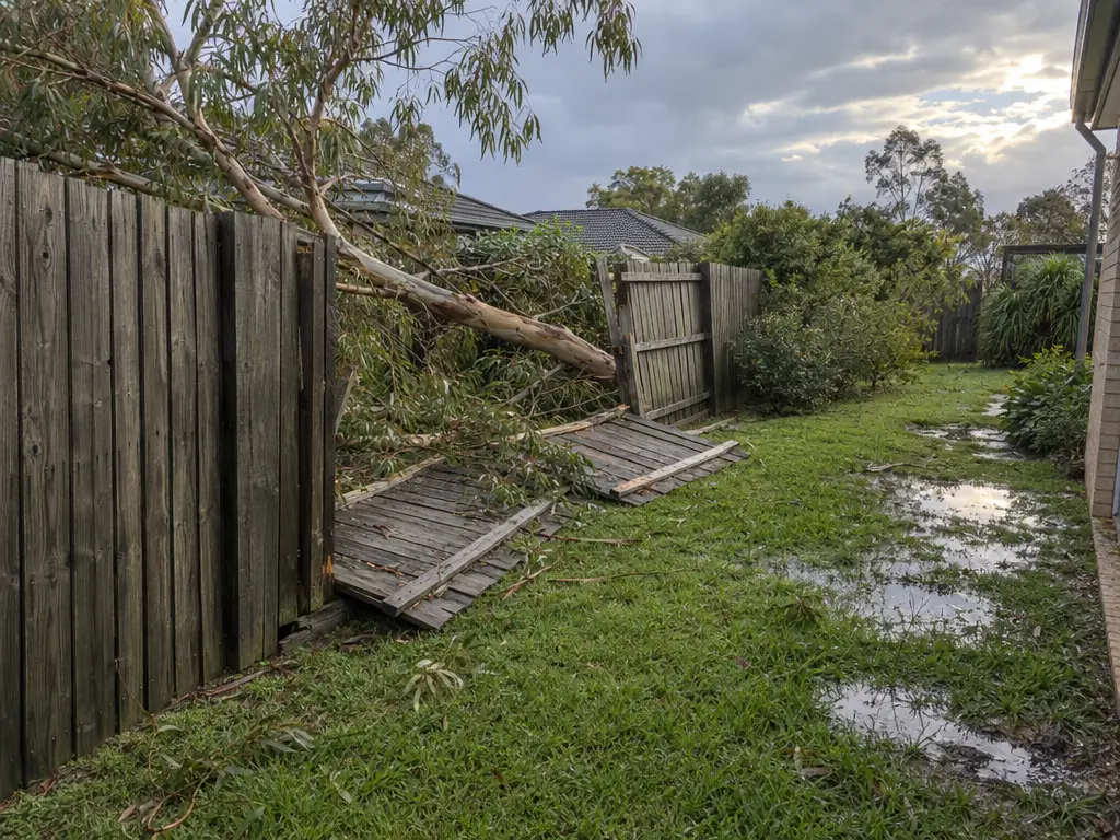 Storm-damaged timber paling side fence with two panels flat under a fallen eucalypt branch, wet lawn with puddles and a clearing grey sky.