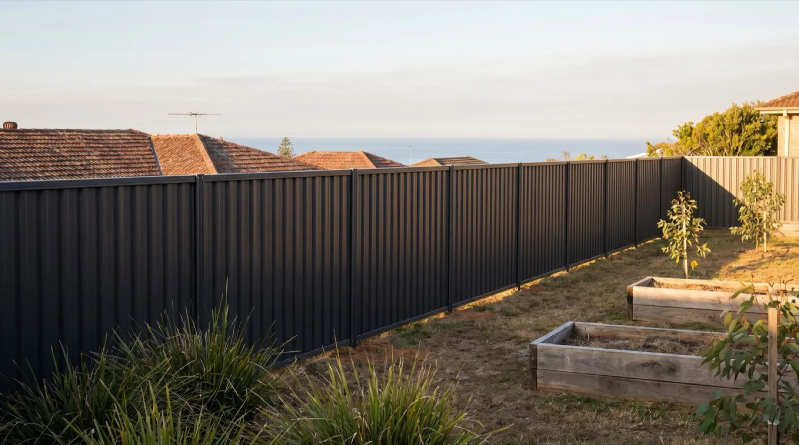 A freshly installed charcoal Colorbond steel boundary fence running along a Newcastle backyard, the ocean visible beyond the rooftops