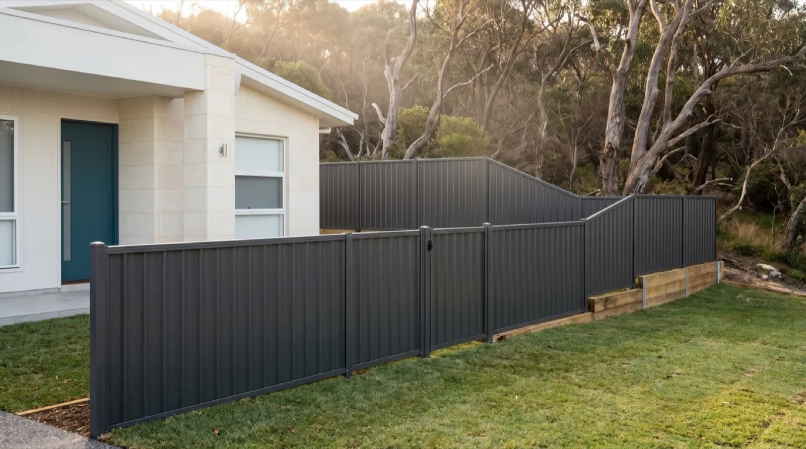 A new charcoal Colorbond perimeter fence stepping down a slope on a freshly built Fletcher home, eucalypt bushland behind