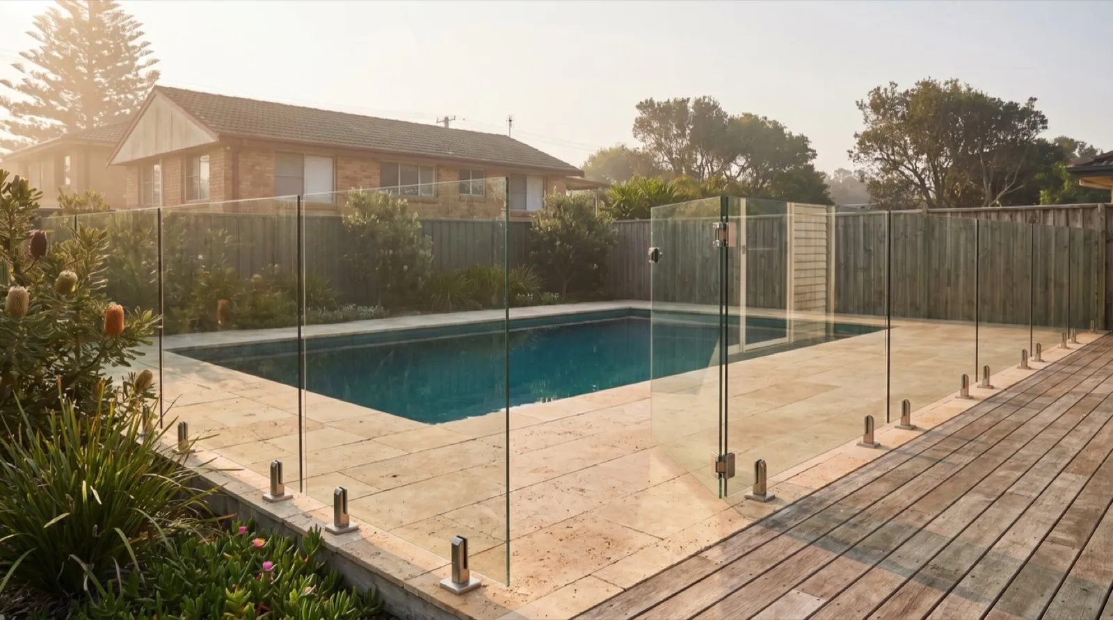 A frameless glass pool fence with stainless spigots around a backyard pool at a coastal Newcastle home