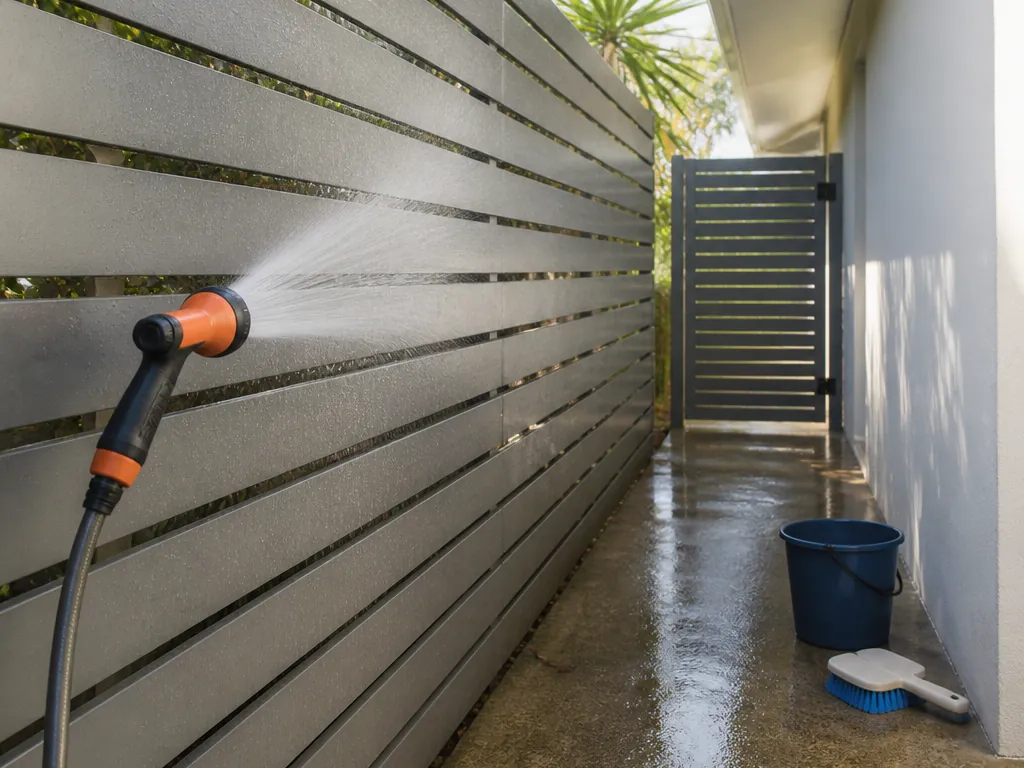 Hose spray nozzle rinsing a grey horizontal slat fence along a narrow concrete side path under a house eave, with a blue bucket and a plastic-bristle brush on the wet path and a slat gate with black hinges at the end of the run.