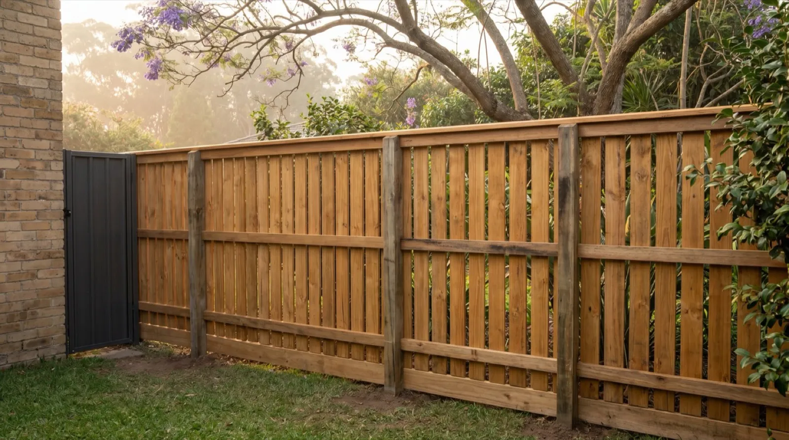 A capped hardwood timber paling fence in a leafy established Newcastle backyard